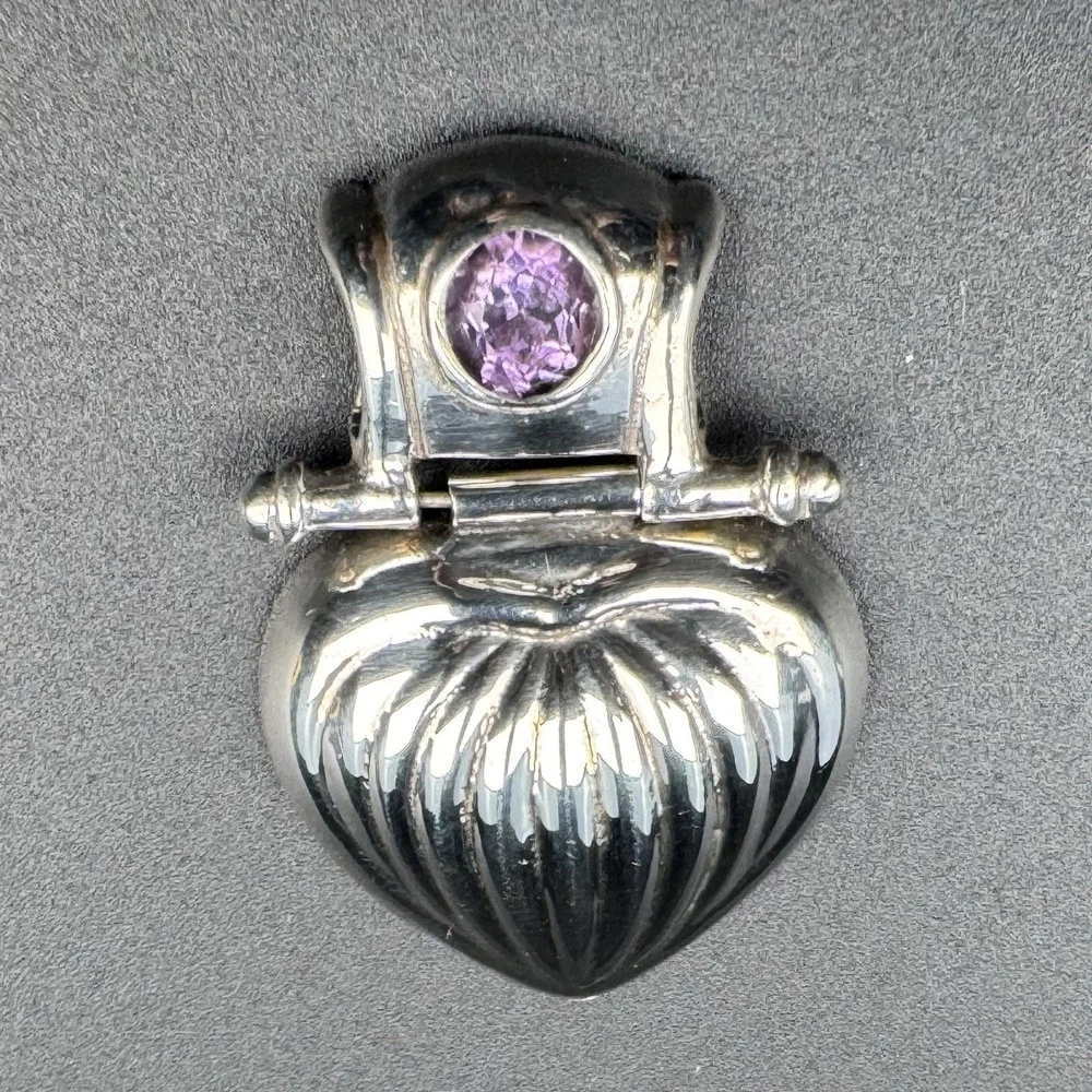 Italian 925 Sterling Silver Puffed Fluted Heart Hinge Pendant SU Amethyst